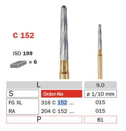 [IU-F316C-152-015] Fresas 316 FG XL quirúrgicas, Ø 1.5 mm, punta 9 mm, longitud 25 mm ENDO-Z