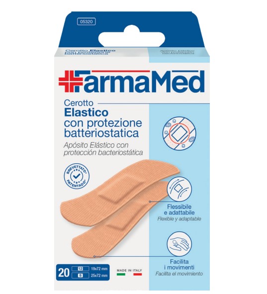[IU-F106401802] Apósitos Elásticos con Protección Bacteriostática de FarmaMed, 2 Tamaños - Caja de 20 Unidades